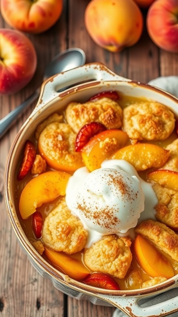 A classic peach cobbler with golden topping and juicy peaches, served with melting vanilla ice cream on a rustic table.